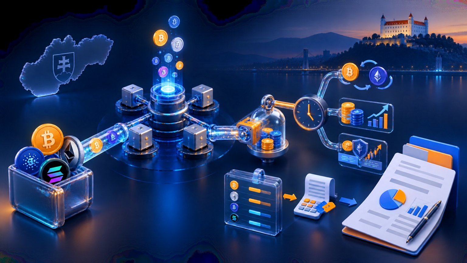 Modern editorial illustration for the crypto tax article “Krypto-Steuern Slowakei 2025/2026: Tausch, Kosten und Beiträge”