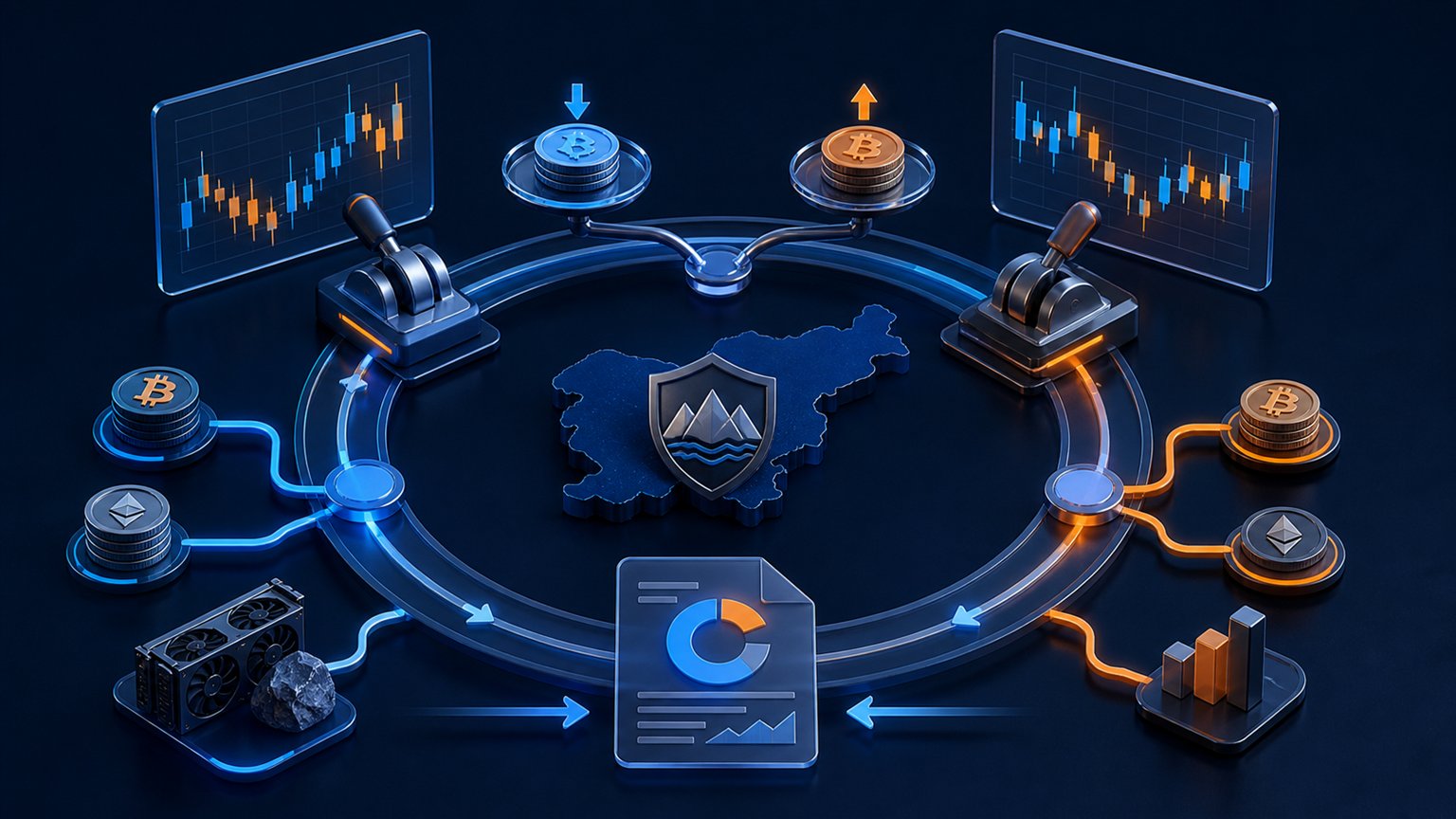 Modern editorial illustration for the crypto tax article “Krypto-Steuern Slowenien 2025/2026: Beispiele für Spot, Mining und Derivate”
