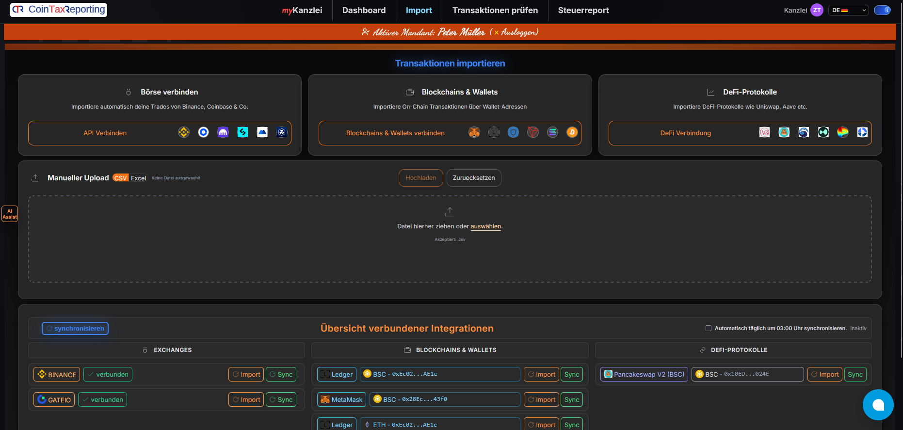 Import von Boersen Wallets und DeFi-Protokollen im Kanzlei-Modus